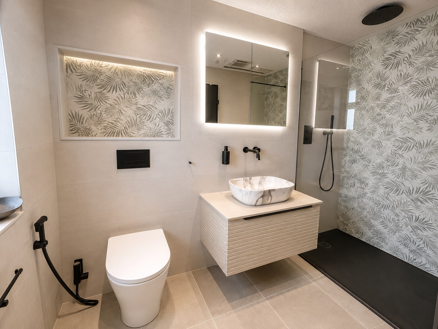 Botanical Wet Room in Microcement & Matte Black After
