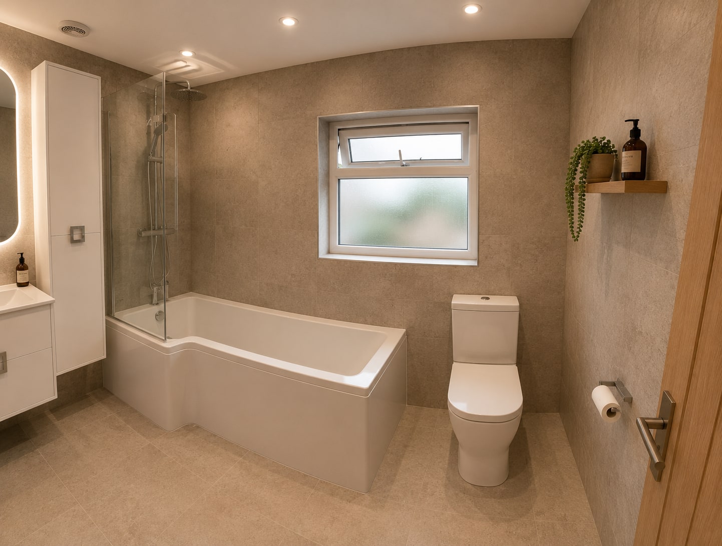 Warm Concrete & Oak Family Bathroom After