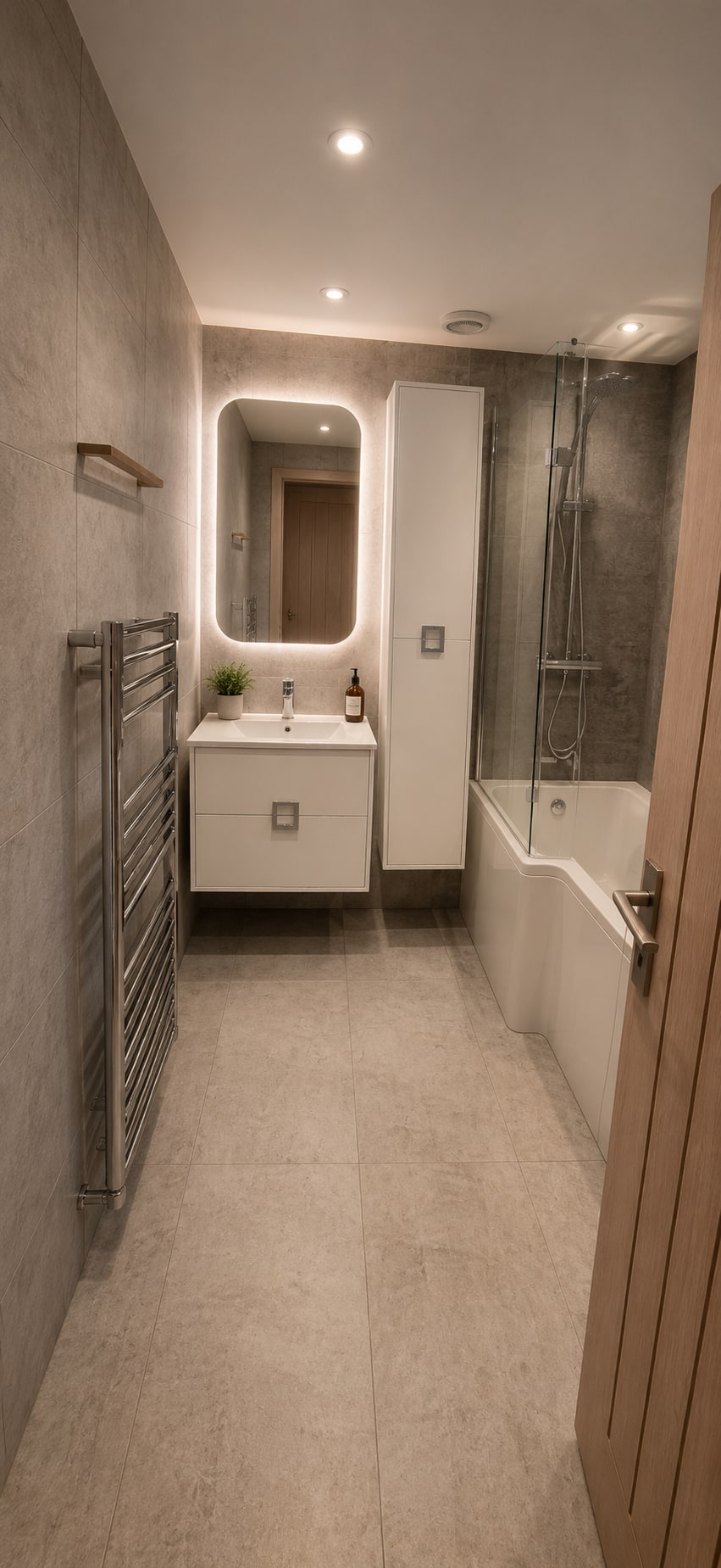 Warm Concrete & Oak Family Bathroom — Concrete-effect microcement, oak accents, shower-bath family bathroom by Bright Bathrooms, Greater Manchester