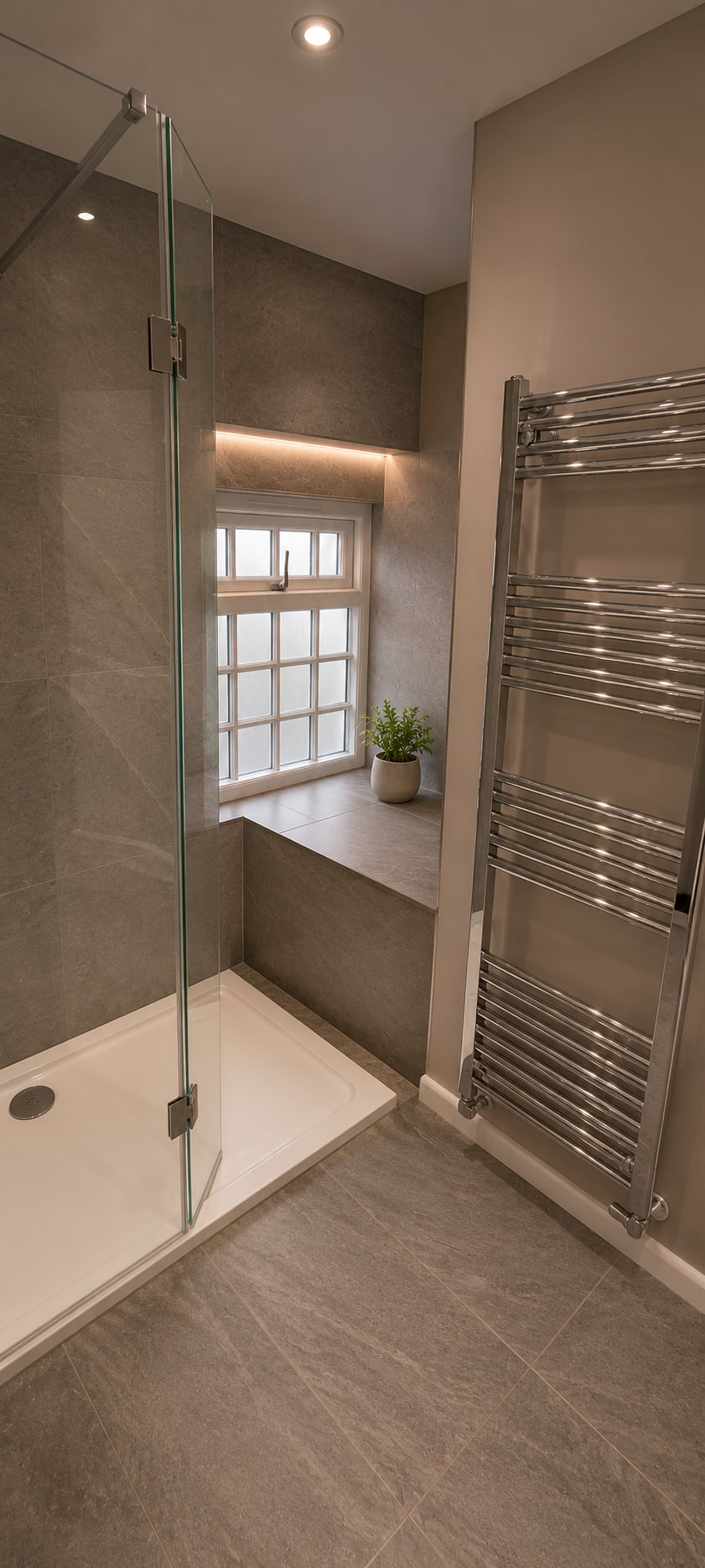 A Calm Greige Bathroom with Arched Vanity After