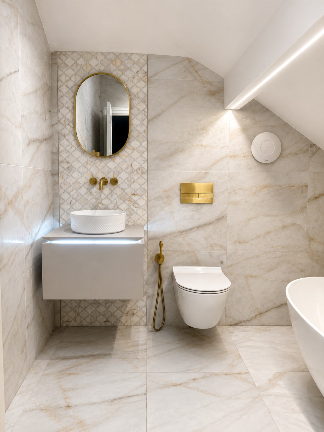 A Loft Bathroom in Marble & Gold After